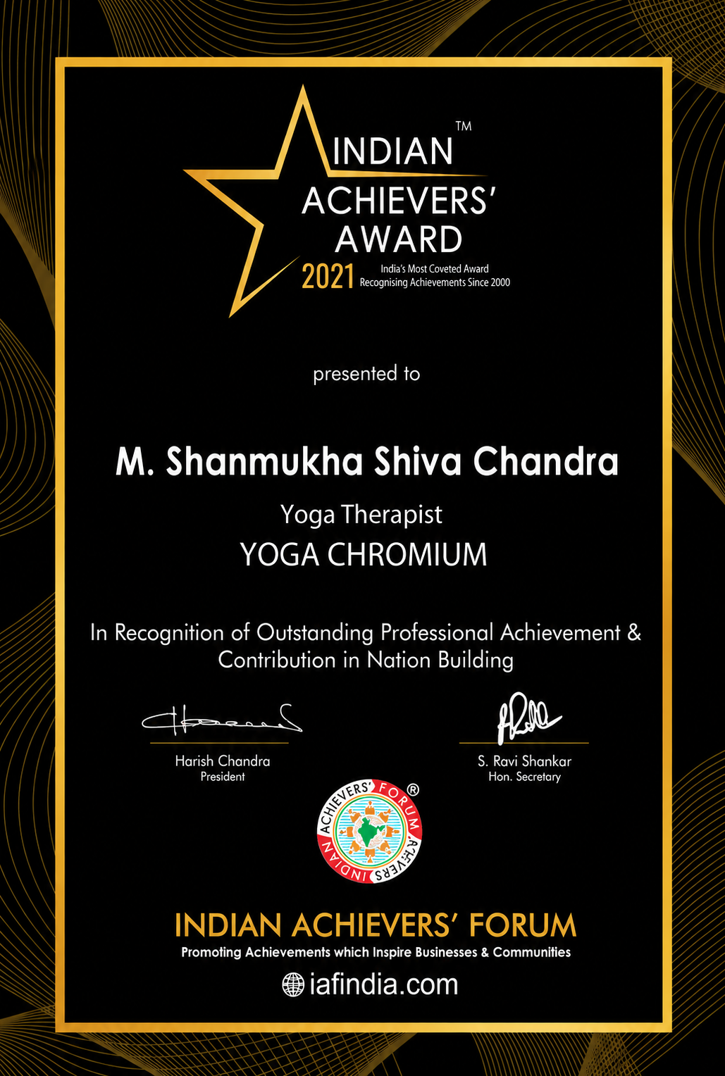 Indian Achievers' Award 2021 certificate
